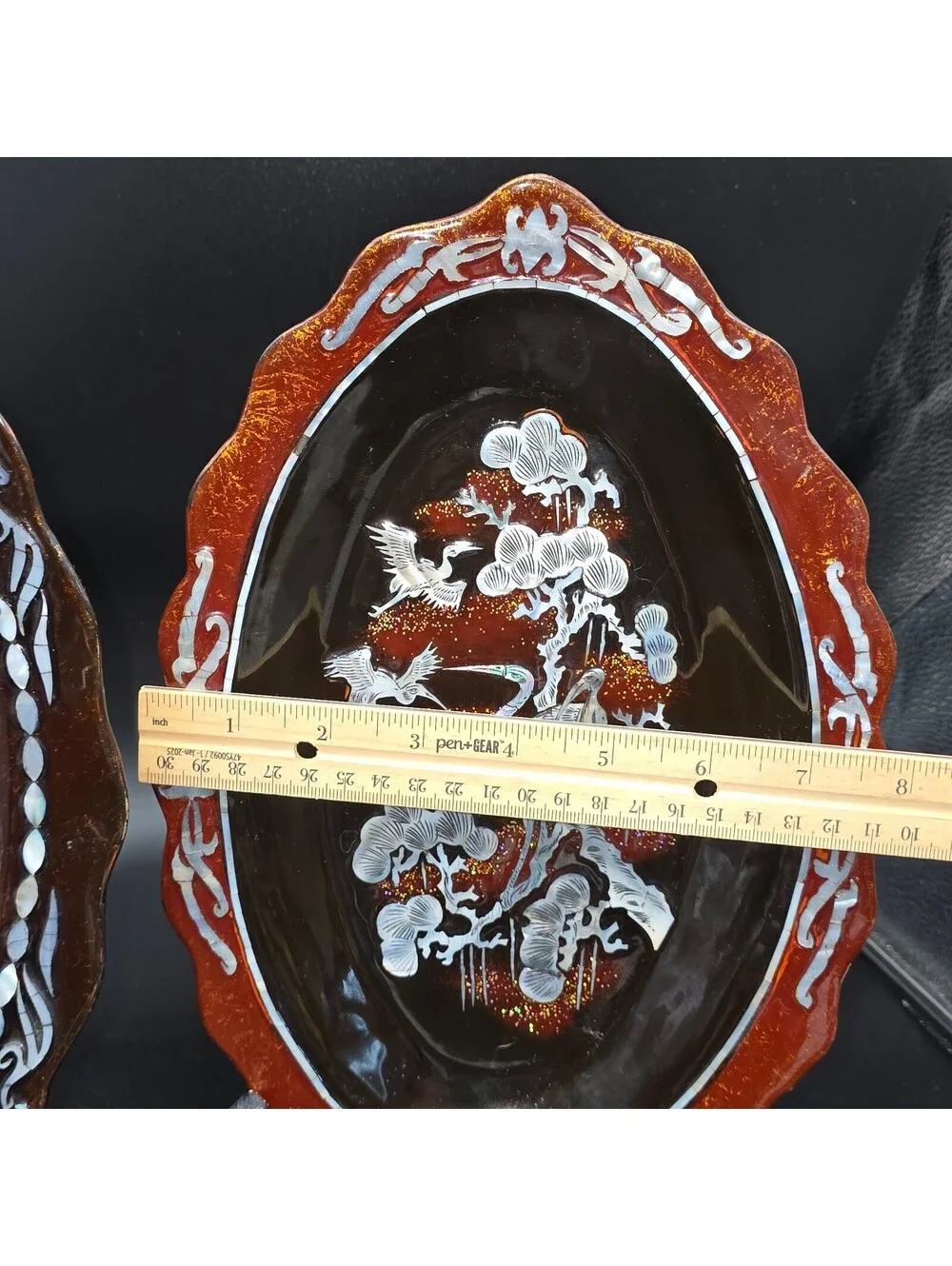 Vtg Asian Mother of Pearl Lacquer Wall Plaques Pair Phoenix Crane Bird Inlay 11”